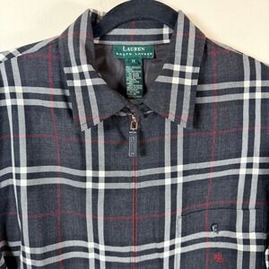 Lauren Ralph Lauren Wool Zip Shirt Jacket 1X Black Red Gray Plaid Classic READ